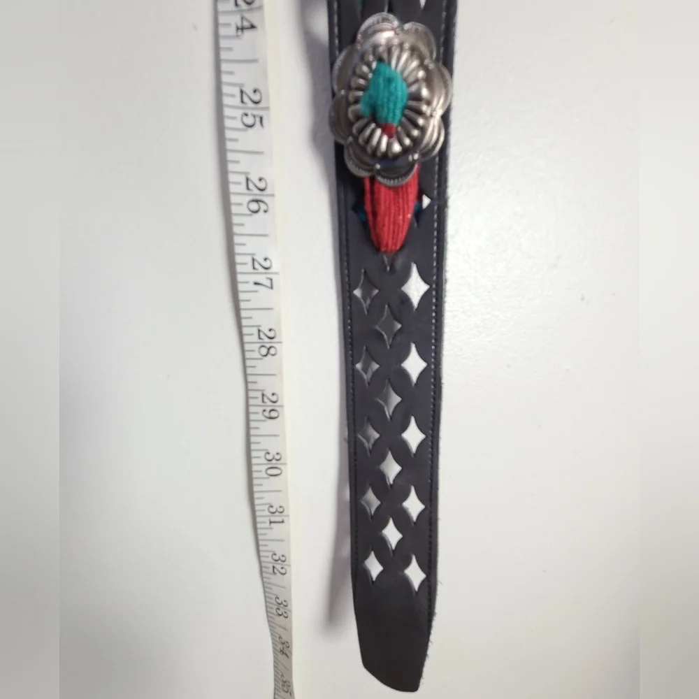 Vintage Charcoal Gray Western Leather Serape Silver-Tone Stamped  Concho Belt M - Picture 15 of 16